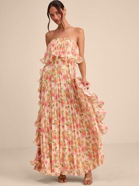 Lulus Andri Light Yellow Floral Pleated Ruffled Maxi Dress - Size M
